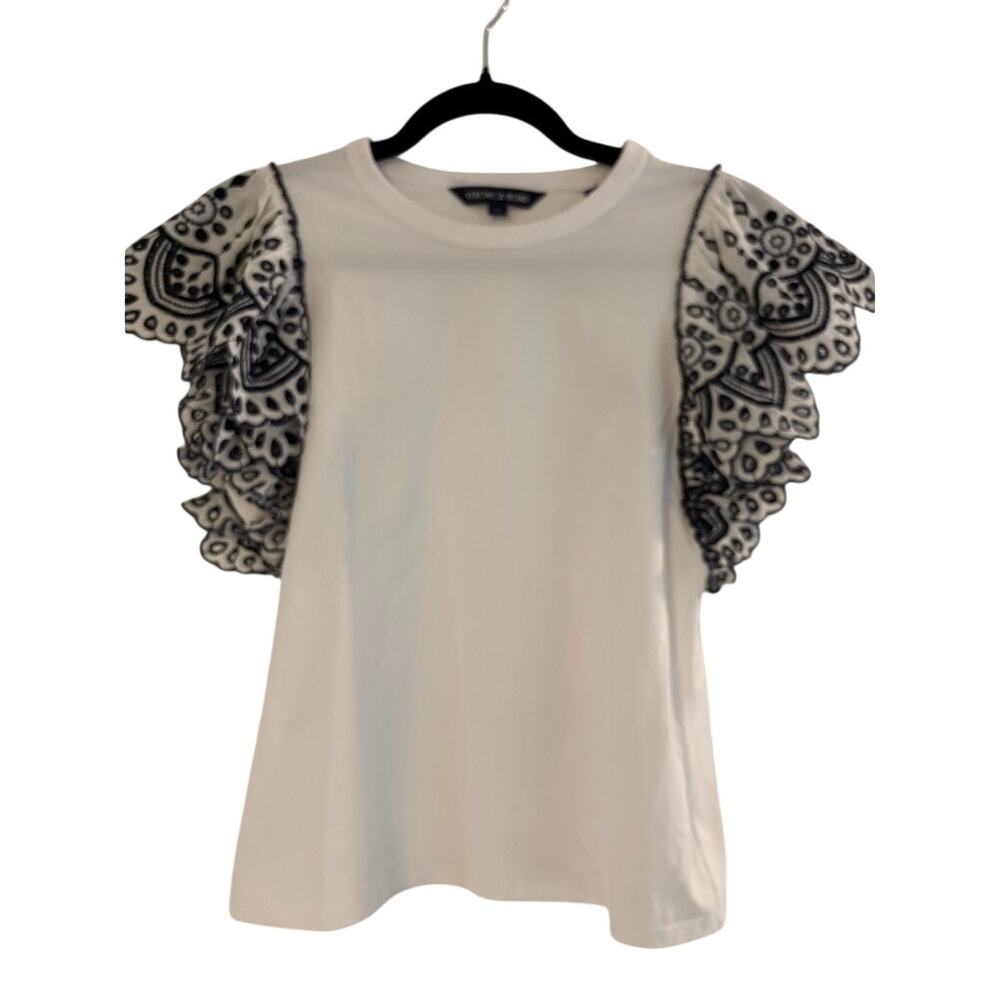 Veronica Beard White Top Small Boho Embroidered Puff Sleeve Cotton Tee